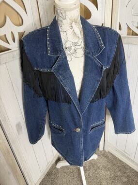 Vintage Next Move Fringe Denim Jacket Size Oversized Small Womens Western